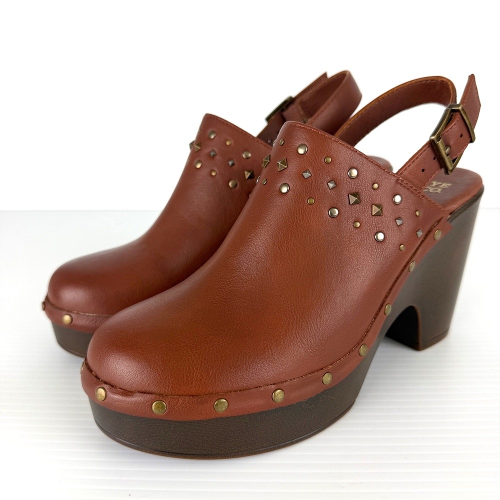 Frye and Co Fiori Brown Studded Slingback Clogs Platform Block Heels Womens 7M